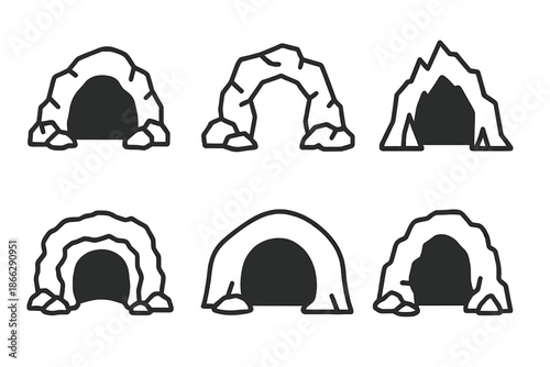 Cave Line Icons. Line style icons of Cave: cave opening, rocky arch, jagged entrance, deep tunnel mouth, uneven stone line, simple