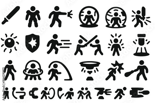 Futuristic Combat Duel. Solid style icons of Futuristic Combat Duel: plasma blade, exo armor, energy strike, neon edge, hologram