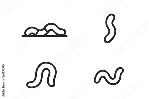 Minimal Worm Icons. Line style icons of Worm: crawling worm, curved segment, small head, soft body arc, tiny bend, minimal outline