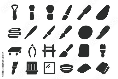 Studio Pottery Tools Icons. Solid style icons of Studio Pottery Tools: sculpting loop, trimming wire, brush tip, sponge, small