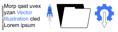 Digital tools, file management, cloud technology, innovation, workflow optimization, and tech concepts. A space rocket, folder icon and gear with an arrow. File management and cloud technology