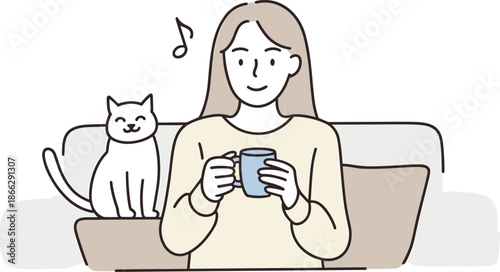 Person with blue mug and white cat on couch, cozy moment, relaxing time, music notes, beige fashion, comfort scene