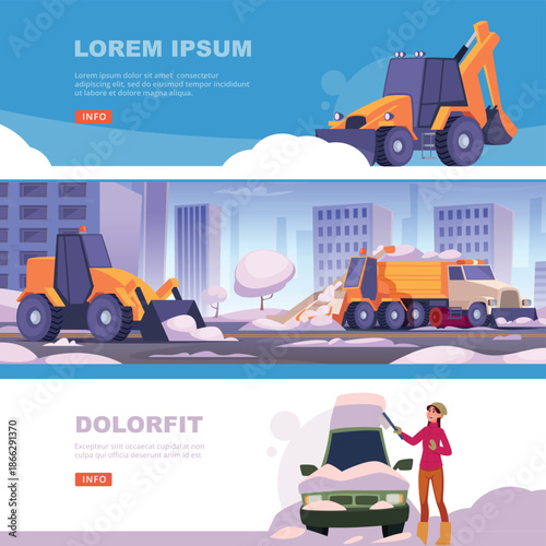 Snow removal equipment. urban snow time vehicles removing snow hills