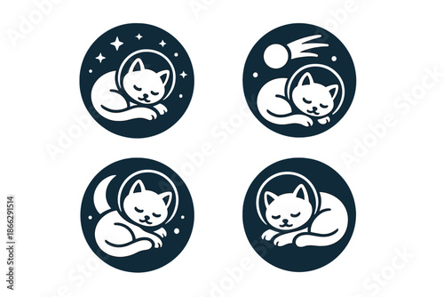 Dreamy Space Cat. Solid style round vector icons of dreamy space cat: starry background, curled cat, comet tail, glowing moon,