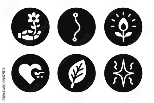 Synthetic Life Symbols. Solid style round vector icons of synthetic life: robotic hand holding flower, stem wire, glowing bud,