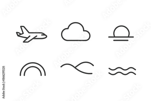 Cloudline Air Icons. Line style icons of Cloudline Air Voyage: plane profile, cloud rim, low sun, fuselage arc, sky contour,