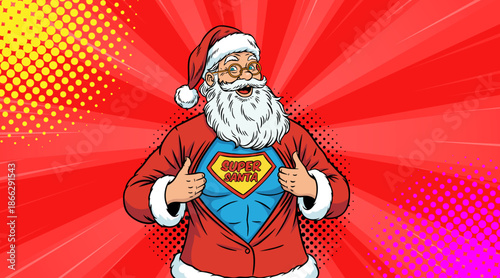 Santa Claus, the superhero, takes off his jacket, pop art illustration