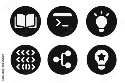 Educational Programming Icons. Solid style round vector icons of educational programming: learning book, command line, data light,
