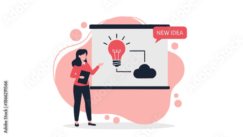 Woman presenting a new idea with a lightbulb on a digital screen