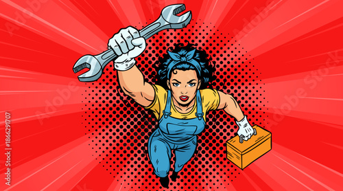 A female mechanic flies towards you, pop art illustration
