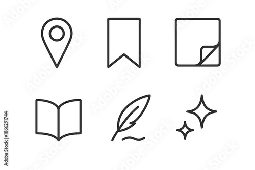 Storymark Icons. Line style icons of Storymark Page Fold: slim marker, ribbon edge, turning page, book line, tale hint, gentle