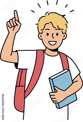 Cartoon person with idea gesture, holding book, blonde hair, white t-shirt, red backpack, realization moment, educational concept
