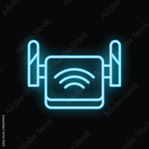 Bright blue neon wi fi router sign glowing in the dark