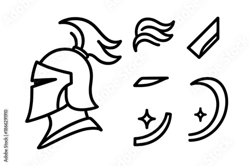 PlumeEdge War Mask Icons. Line style icons of Plumeedge War Mask: helm profile, flowing plume, war edge, slit detail, rim sweep,