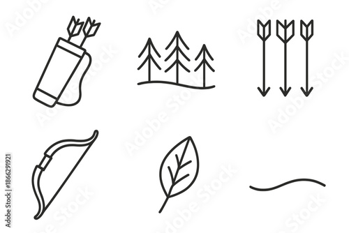 Woodline Arrow Carrier Icons. Line style icons of Woodline Arrow Carrier: quiver arc, tree line, arrow cluster, sling contour,