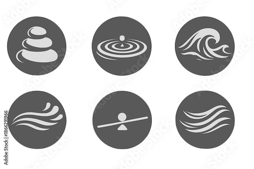 Round Vector Icons. Solid style round vector icons of subtle influence: pebble, ripple circle, water wave, soft motion, balance