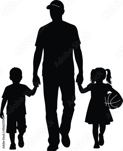 Black silhouette of father walking with son and daughter, dad holding hands with children, girl carrying basketball, family active lifestyle vector illustration, isolated,