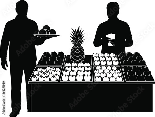 Black silhouette of man buying fruit from street vendor, market stall with pineapple and apples, grocery shopping scene vector illustration, isolated on white,