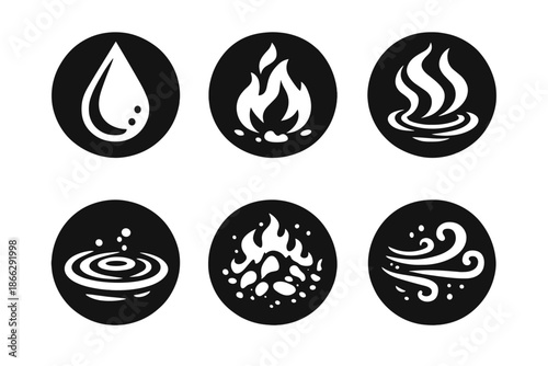 Nature's Elements Icons. Solid style round vector icons of contrast in nature: drop, flame, steam, ripple, ember, wind No text, No