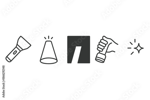 Line Style Flashlight Icons. Line style icons of Reveal Light Scene: flashlight form, bright cone, darkness lift, grip sweep, lens