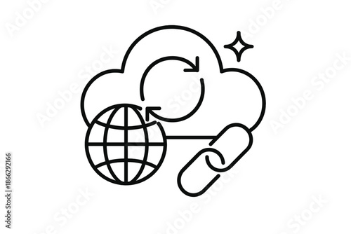 Global Cloud Sync Icons. Line style icons of Global Cloud Sync: cloud form, sync arrows, globe arc, data trace, link band, subtle