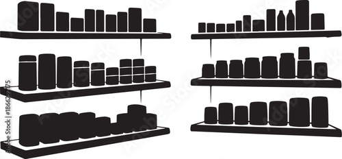 Black and white shelves with various objects on them
