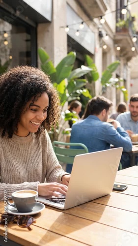 young black afro woman using laptop work cafe relax online vertical video lifestyle