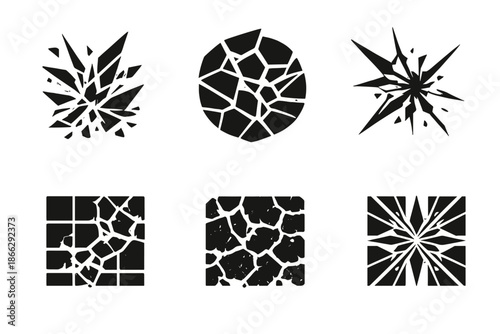 Fragmented Design Icons. Solid style icons of fragmented design: shards, split geometry, cracked glass, pattern grid, stained