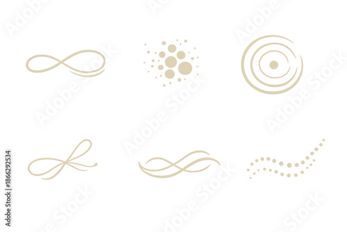 Delicate Continuity Icons. Solid style icons of delicate continuity: thin line, sand grain, ripple circle, fine thread, soft wave,