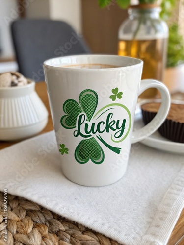 Caffeinated Luck: A ceramic mug adorned with a lucky clover and the word Lucky, filled with a rich coffee, set against a cozy breakfast setting. 