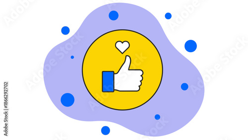 A thumbs up icon surrounded by a vibrant purple background with blue dots and a yellow circle