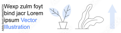 Design elements, branding, minimalism, digital communication, web layouts, modern design. Two potted plants and an upward arrow with placeholder text. Design elements and branding concept