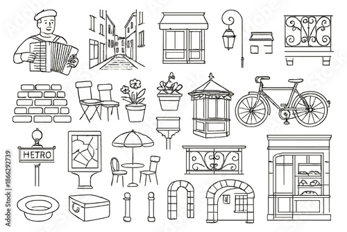 Paris Street Icons. Line style icons of Accordion Street Paris: accordion performer, narrow Paris street, café storefront, street