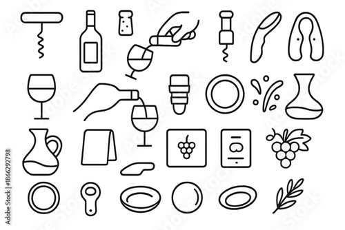 Wine Tools Icons. Line style icons of Corkscrew Wine Open: corkscrew, wine bottle, wine cork, hand grip, bottle neck, foil cutter,