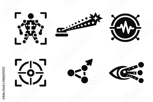Motion Analysis Icons. Solid style icons of Motion Analysis: sensor grid, data beam, pulse ring, lens marker, velocity node,
