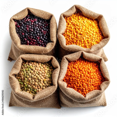 Four burlap sacks overflowing with colorful dried legumes, top-down view