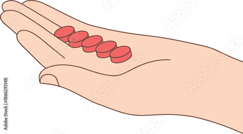 Medication illustration, red pills in hand, drug dosage concept, pharmaceutical imagery, health care focus, treatment symbol, prescription visual metaphor