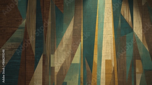 mural with sharp geometric edges in muted teal, cream, and mustard tones on a dark brown brick wall. The style is professional and sophisticated with subtle natural lighting. The left third 