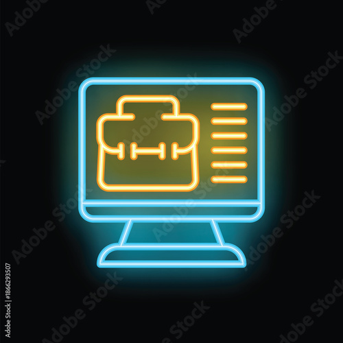 Neon icon representing a computer screen with a work portfolio, symbolizing online job applications and digital resumes