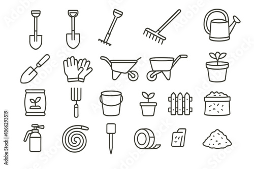 Garden Tool Icons. Line style icons of garden digging: Shovel, Spade, Rake, Hoe, Trowel, Gloves, Wheelbarrow, Watering Can, Soil