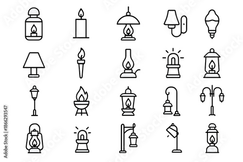 Decorative Light Icons. Line style icons of decorative lights: Lantern, Candle, Hanging Lamp, Wall Sconce, Lamp Shade, Torch, Oil