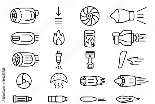 Aircraft Propulsion Icons. Line style icons of aircraft propulsion: Jet Engine, Thrust, Turbine, Nozzle, Intake, Exhaust,