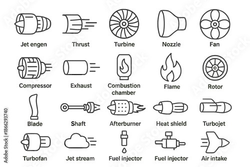 Jet Engine Line Icons. Line style icons of engine mechanics: Jet Engine, Thrust, Turbine, Nozzle, Fan, Compressor, Exhaust, Intake