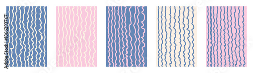 Bright pastel vector stripe pattern collection. Hand drawn organic squiggle lines. Childlike deformed wave backgrounds. Funky retro texture with curved doodle strokes. Light wavy line design