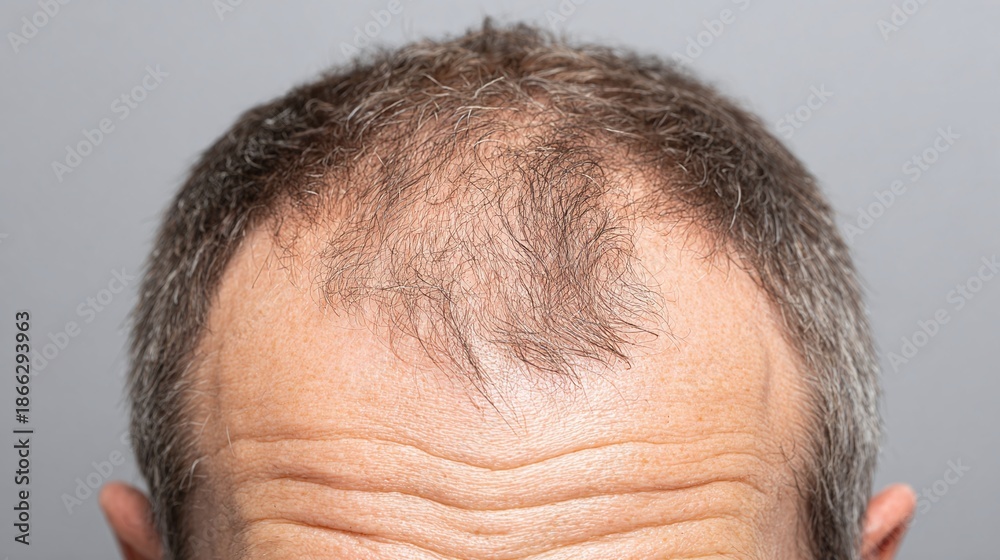 Fototapeta premium Close-up of mature man's head showing thinning hair, receding hairline, and wrinkles. Depicts aging, genetics, hair loss concerns and grooming needs for personal care.
