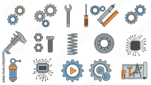Assorted mechanical and technological components, including gears and tools, arranged neatly on a plain white background from a direct overhead viewpoint.