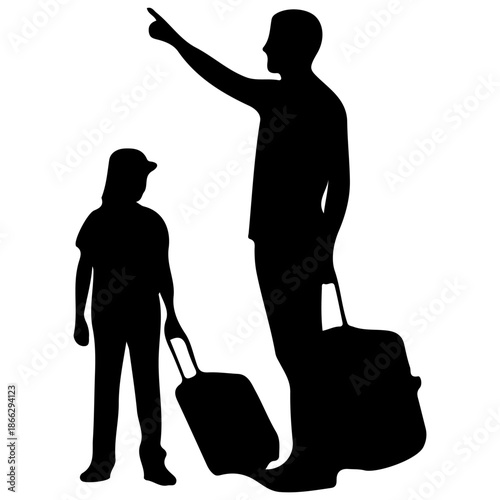 Silhouette of a father and child pointing and traveling with luggage.