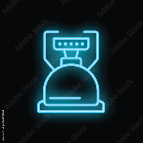 Blue glowing neon icon of a robot vacuum cleaner on black background