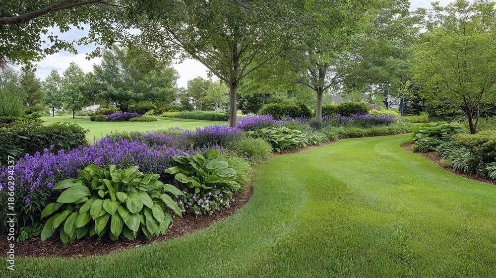 Obraz premium Lush green lawn curves through a tranquil garden scene, framed by trees and vibrant purple flowers. A peaceful outdoor landscape invites calm and relaxation.