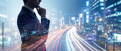 Businessman Thinking with Futuristic Digital City and Circuit Overlay Business Life Panaromic Concept